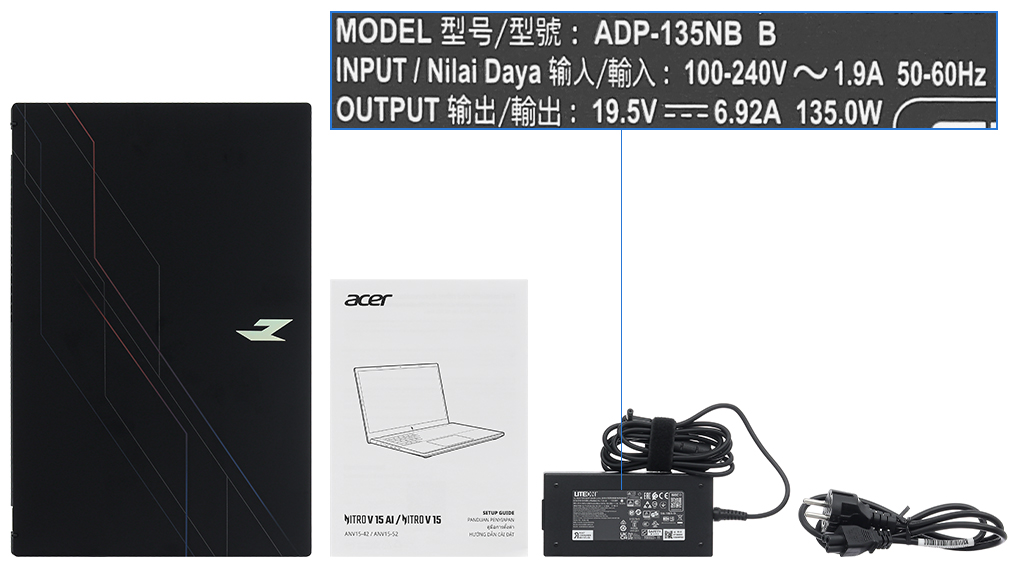 Bộ sản phẩm gồm: Sách hướng dẫn, Sạc Laptop Acer ( 135W ), Thùng máy, Balo