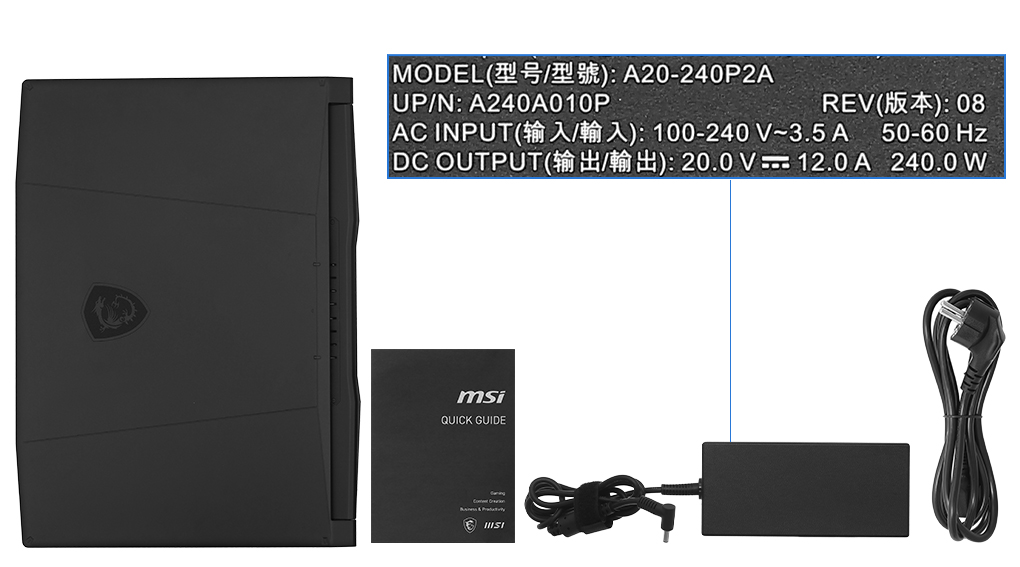 Bộ sản phẩm gồm: Sách hướng dẫn, Balo, Thùng máy, Sạc Laptop MSI ( 240W )