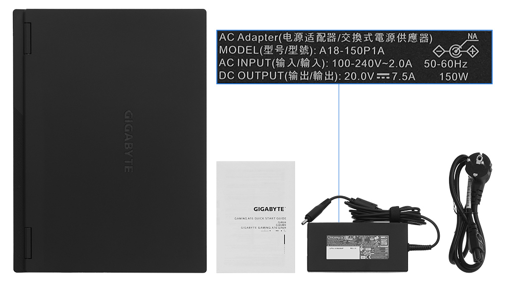 Bộ sản phẩm gồm: Sách hướng dẫn, Thùng máy, Sạc Laptop Gigabyte ( 150W )