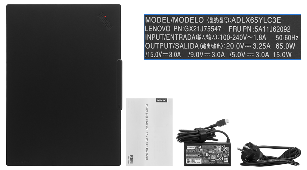 Bộ sản phẩm gồm: Sách hướng dẫn, Sạc Laptop Lenovo ( 65W ), Thùng máy