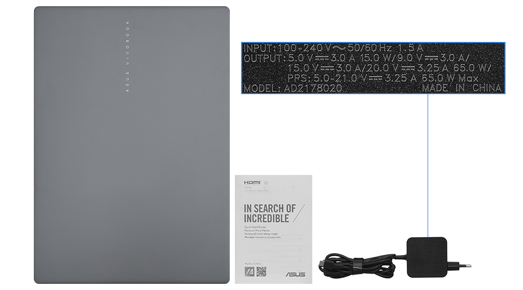 Bộ sản phẩm gồm: Sách hướng dẫn, Sạc Laptop Asus ( 65W ), Thùng máy