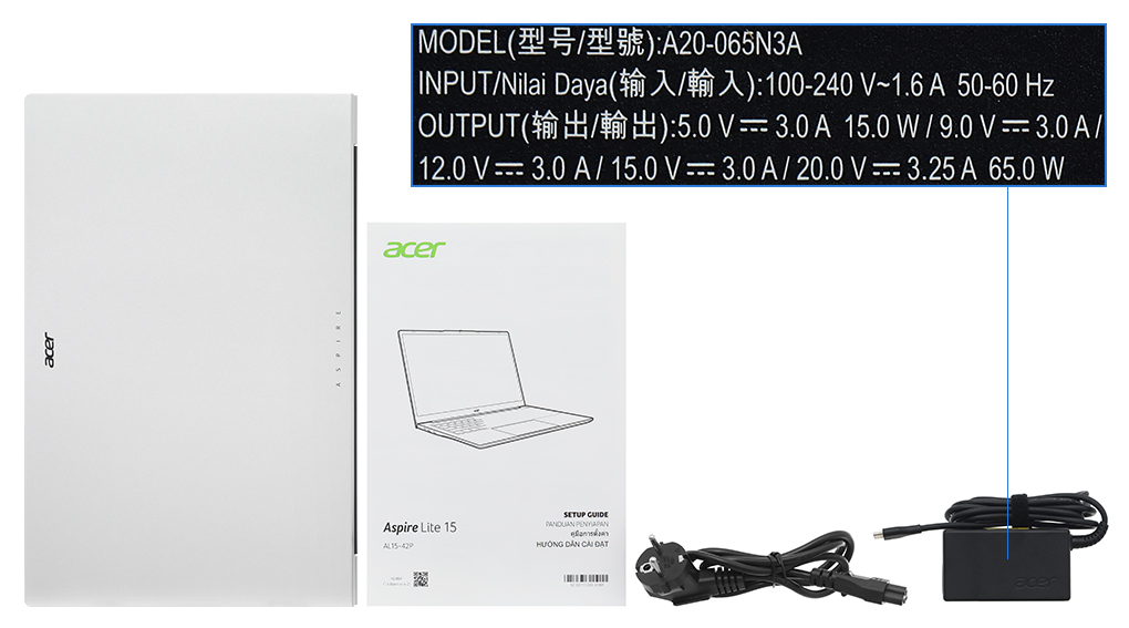 Bộ sản phẩm gồm: Sách hướng dẫn, Balo, Thùng máy, Sạc Laptop Acer ( 65W )