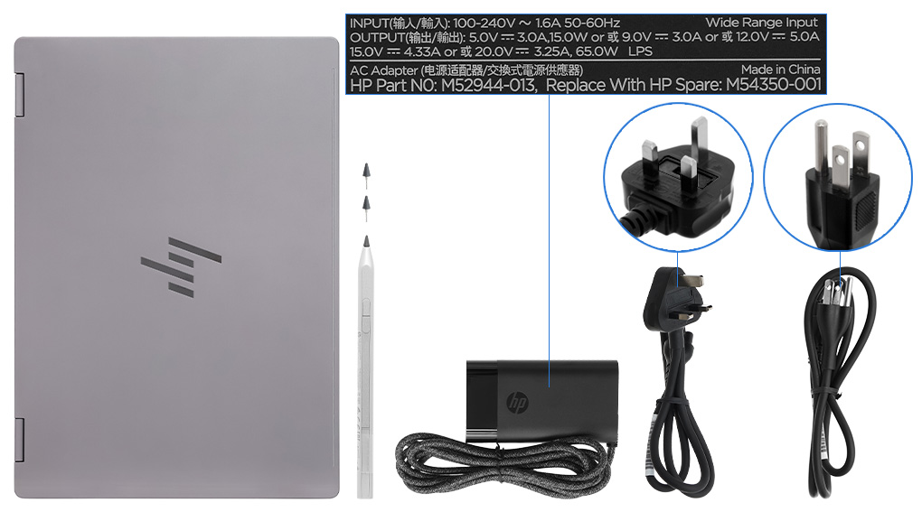 Bộ sản phẩm gồm: Sạc Laptop HP ( 65W ), Sách hướng dẫn, Thùng máy, Bút cảm ứng