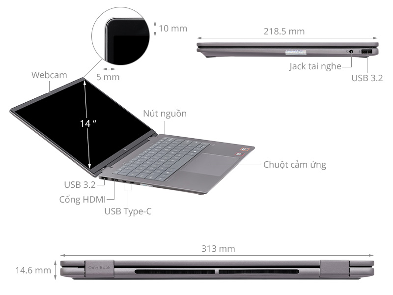 HP OmniBook X Flip 14 fk0092AU - BZ7P5PA (R5 AI 340, 16GB, 512GB, WUXGA, Cảm ứng, OfficeH24, Win11)