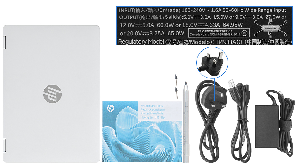 Bộ sản phẩm gồm: Bút cảm ứng, Sạc Laptop HP ( 65W ), Sách hướng dẫn, Thùng máy