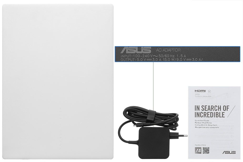 Bộ sản phẩm gồm: Sạc Laptop Asus ( 65W ), Sách hướng dẫn, Thùng máy