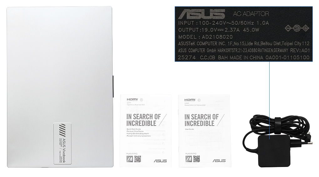 Bộ sản phẩm gồm: Sạc Laptop Asus ( 45W ), Sách hướng dẫn, Thùng máy