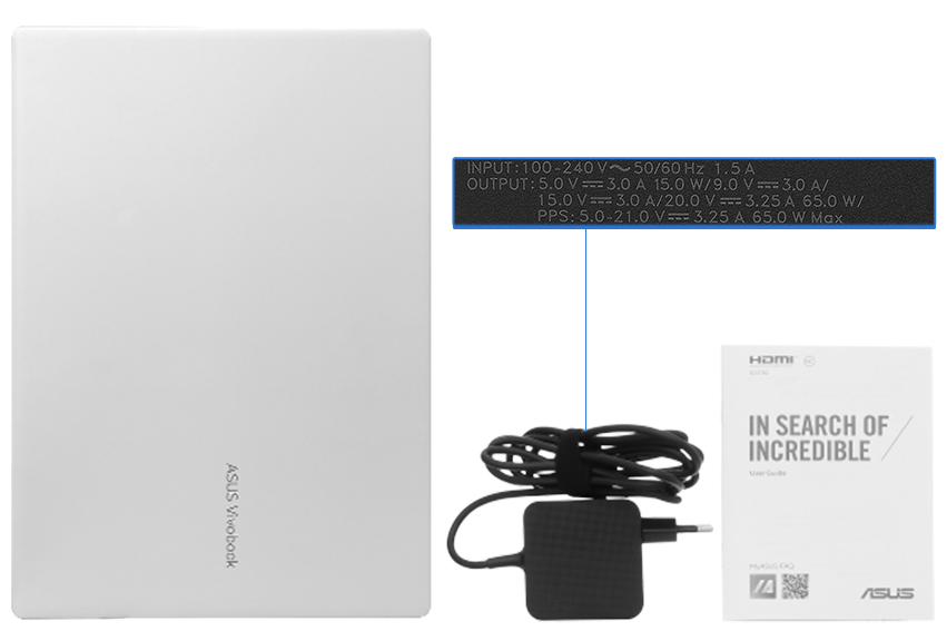 Bộ sản phẩm gồm: Sách hướng dẫn, Thùng máy, Sạc Laptop Asus ( 65W )