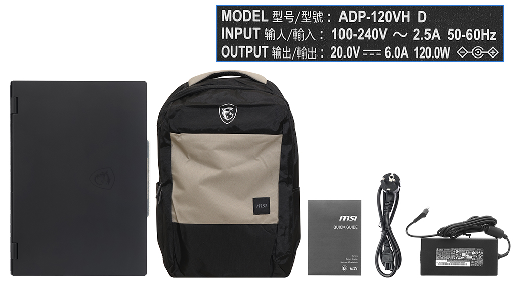 Bộ sản phẩm gồm: Sạc Laptop MSI ( 120W ), Balo, Sách hướng dẫn, Thùng máy