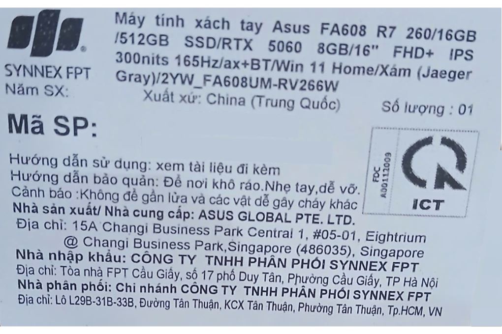 Laptop Asus TUF Gaming A16 FA608UM - RV266W (R7 260, 16GB, 512GB, RTX5060 8GB, Full HD+ 165Hz, Win11) Màu Xám