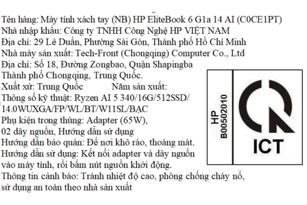 Laptop HP EliteBook 6 G1a 14 - C0CE1PT (R5 AI 340, 16GB, 512GB, WUXGA, Win11) Màu Bạc