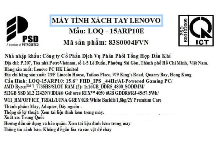 Laptop Lenovo Gaming LOQ 15ARP10E - 83S0004FVN (R7 7735HS, 16GB, 512GB, RTX 4050 6GB, Full HD 144Hz, Win11) Màu Xám