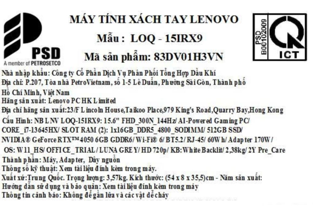 Laptop Lenovo Gaming LOQ 15IRX9 - 83DV01H3VN (i7 13645HX, 16GB, 512GB, RTX 4050 6GB, Full HD 144Hz, Win11) Màu Xám