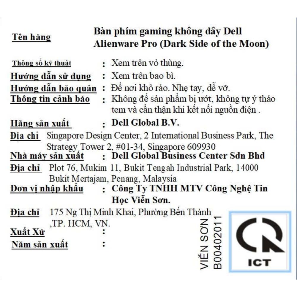 Bàn Phím Cơ Dell Alienware Pro 580-BBMZ Màu Đen