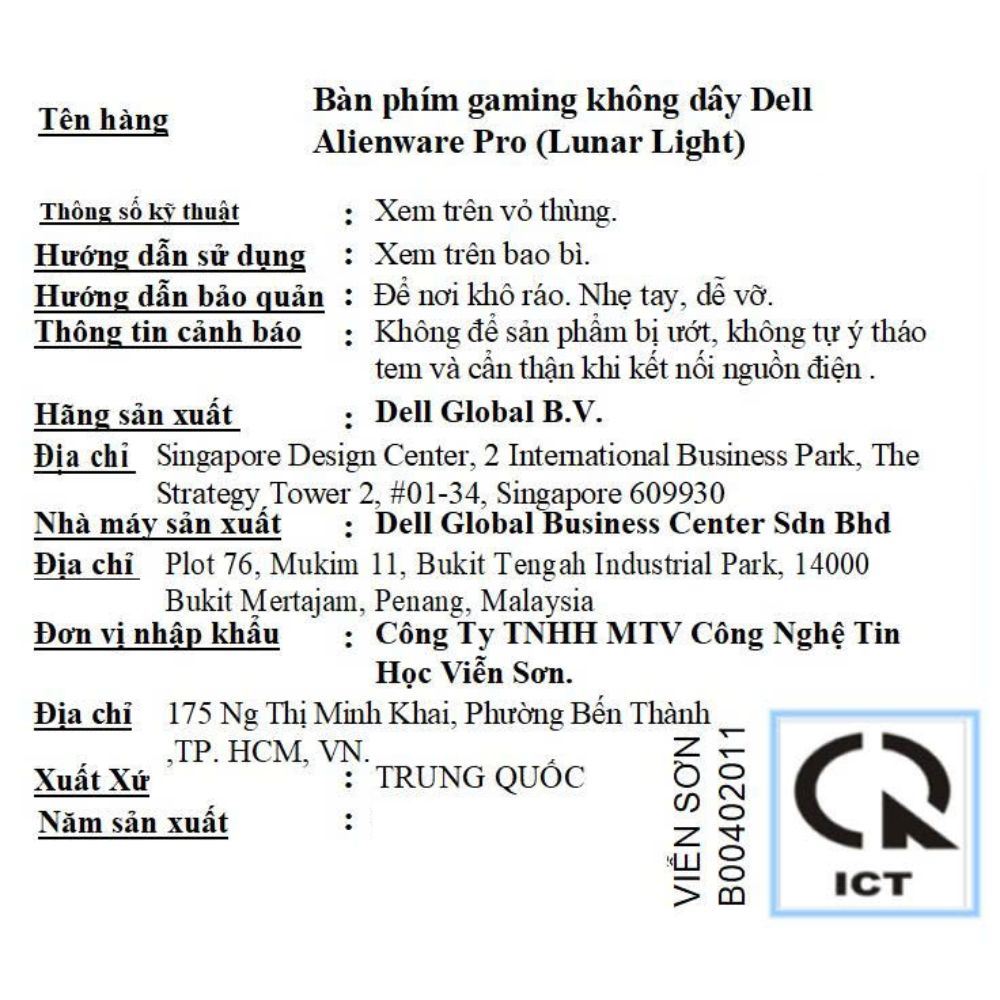 Bàn Phím Cơ Dell Alienware Pro 580-BBMV Màu Trắng