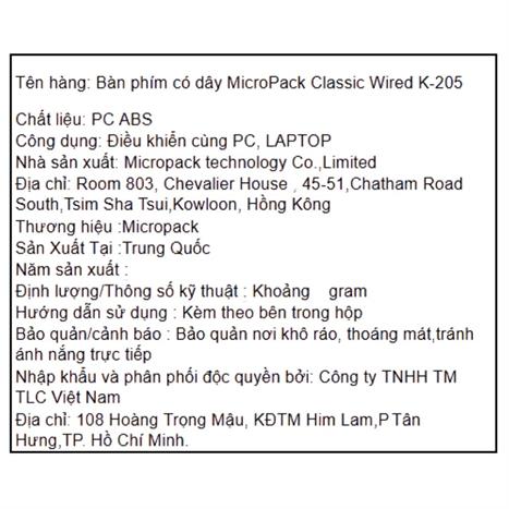 Bàn Phím Có Dây MicroPack K205 Màu Đen