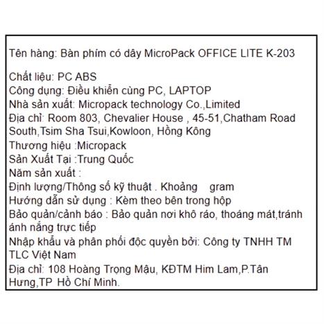 Bàn Phím Có Dây MicroPack K203 Màu Đen