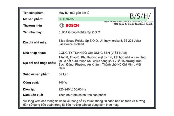 Máy hút mùi âm tủ Bosch DFT63AC50 Màu Bạc Inox