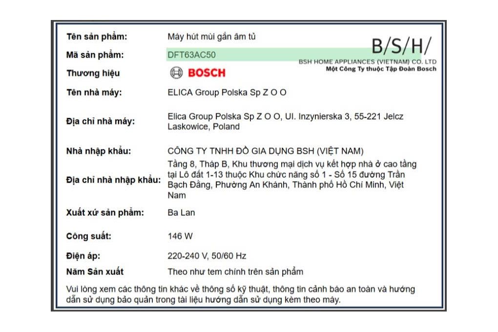 Máy hút mùi âm tủ Bosch DFT63AC50 Màu Bạc Inox