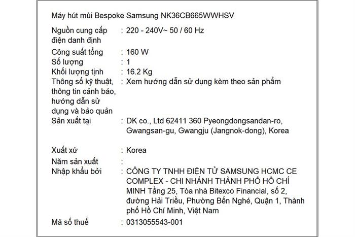 Máy hút mùi áp tường Samsung Bespoke NK36CB665WWHSV Màu Trắng