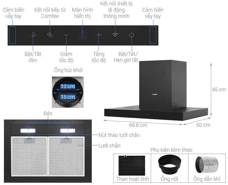 Máy hút mùi áp tường Comfee AI Connect CH-70TM77B