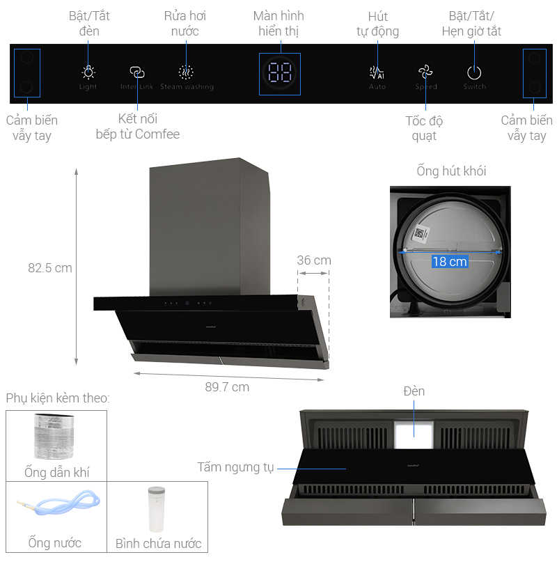 Máy hút mùi kính vát Comfee AI Connect CH-90WJ07B
