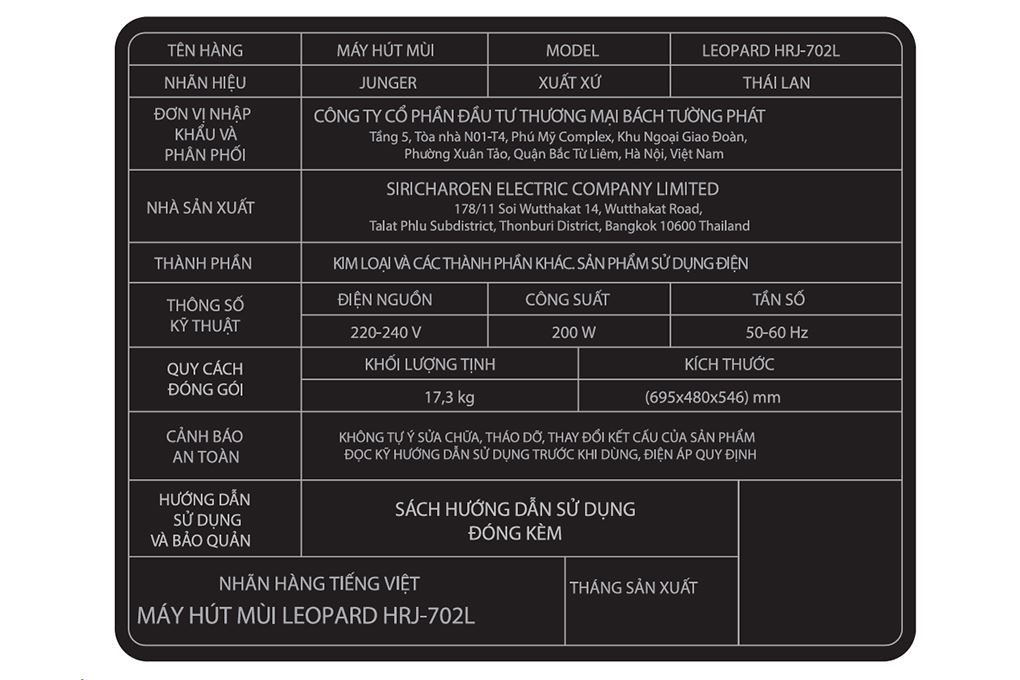 Máy hút mùi áp tường Junger Leopard HRJ-702L Màu Đen - Bạc