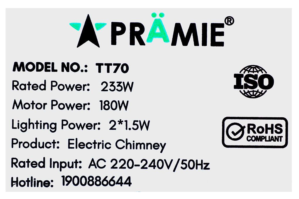 Máy hút mùi áp tường Pramie TT70 Màu Đen