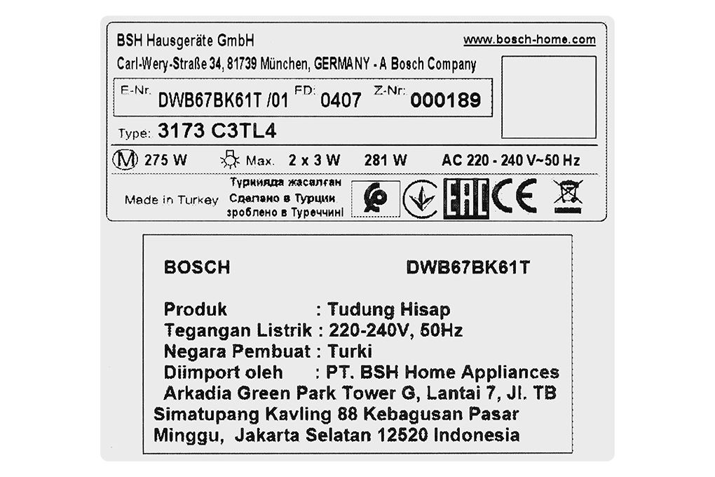 Máy hút mùi áp tường Bosch DWB67BK61T Màu Đen - Bạc