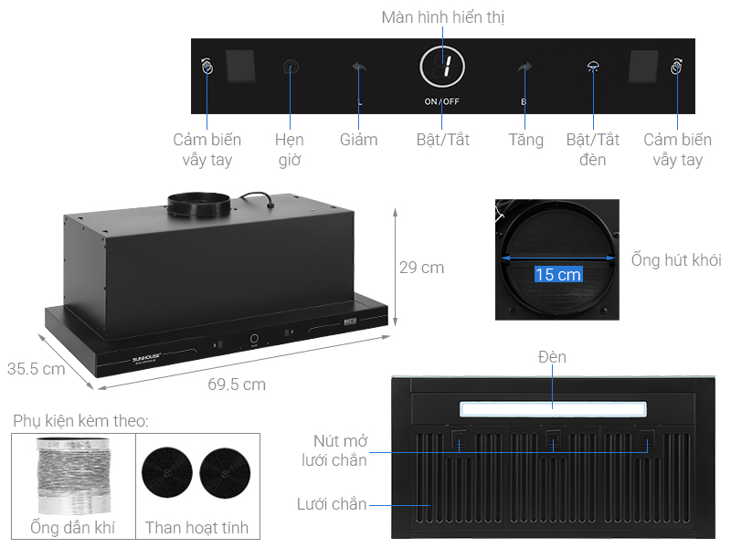 Máy hút mùi âm tủ Sunhouse SHB72095-MD