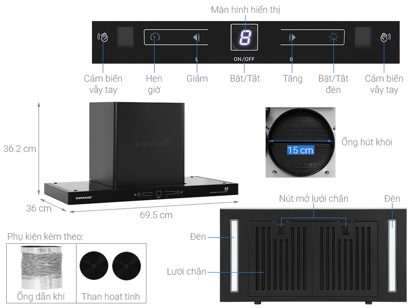 Máy hút mùi áp tường Sunhouse SHB72103-MD