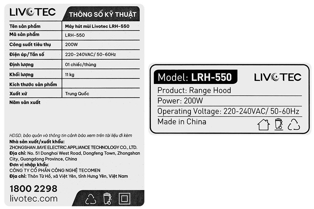 Máy hút mùi áp tường Livotec LRH-550G Màu Đen