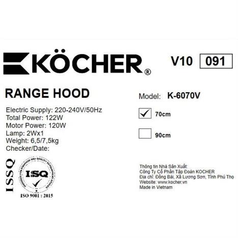 Máy hút mùi âm tủ Kocher K-6070V Màu Đen