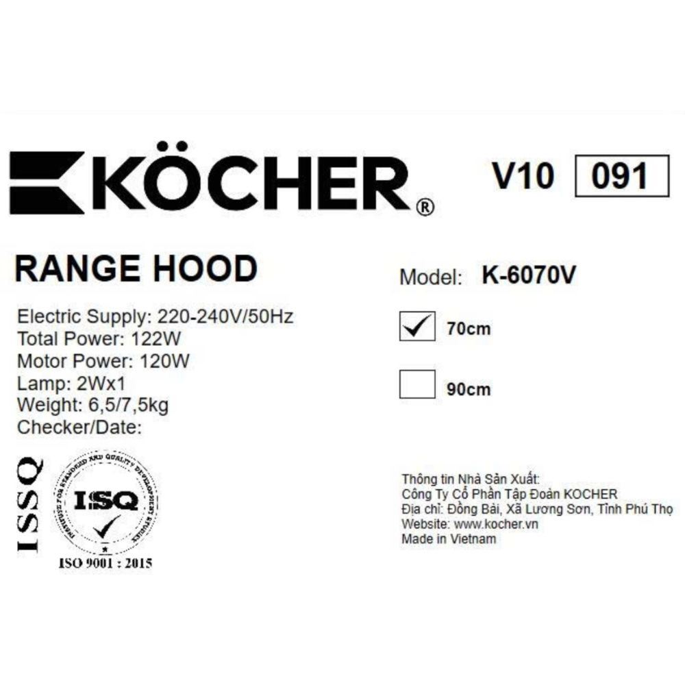 Máy hút mùi âm tủ Kocher K-6070V Màu Đen