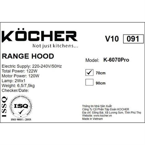 Máy hút mùi âm tủ Kocher K-6070PRO Màu Đen