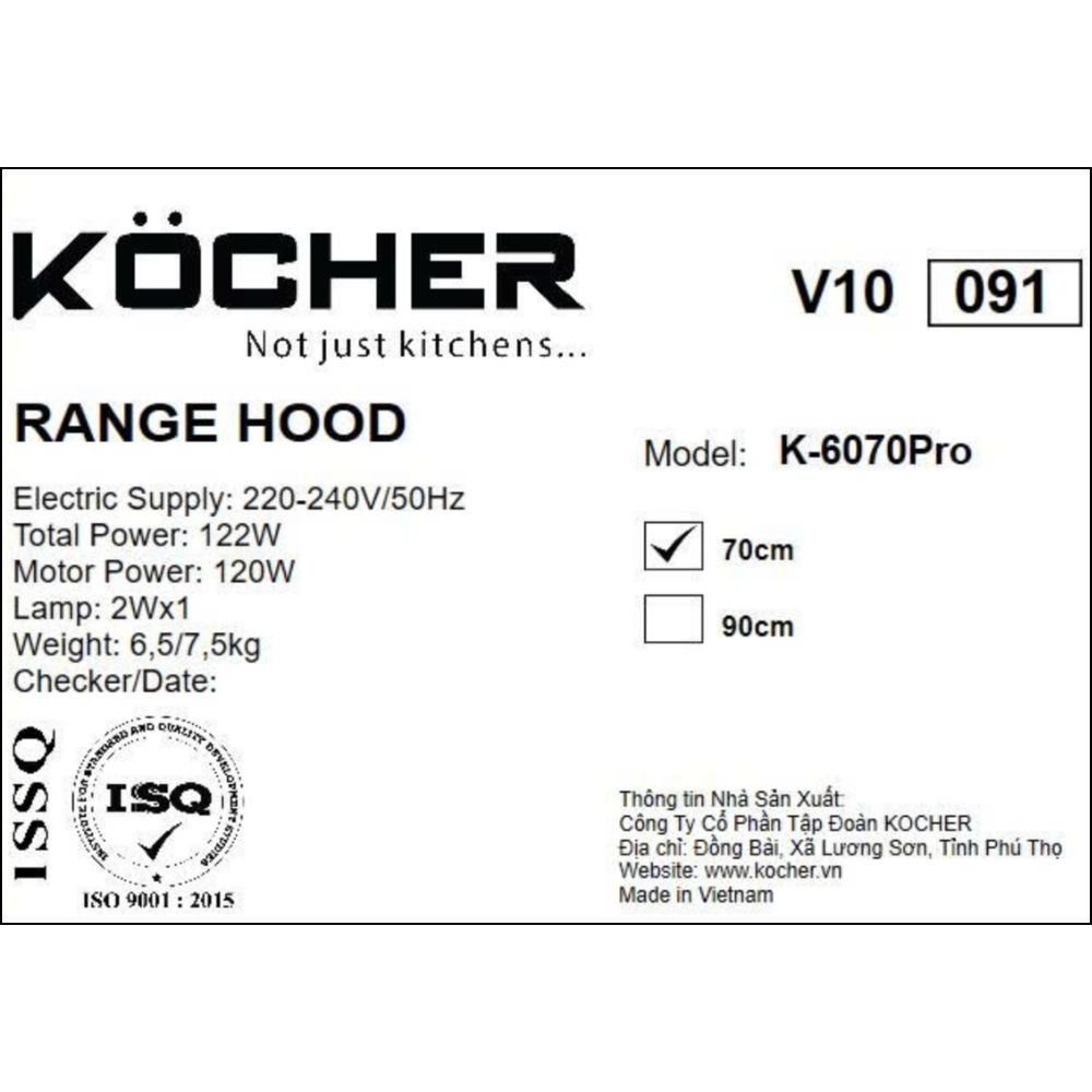 Máy hút mùi âm tủ Kocher K-6070PRO Màu Đen