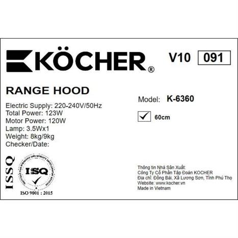 Máy hút mùi âm tủ Kocher K-6360 Màu Đen