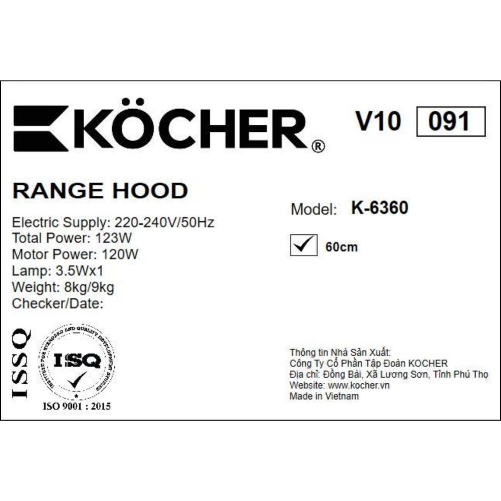 Máy hút mùi âm tủ Kocher K-6360 Màu Đen