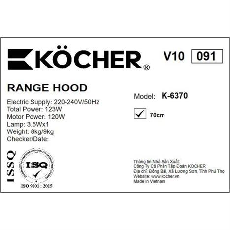 Máy hút mùi âm tủ Kocher K-6370 Màu Đen