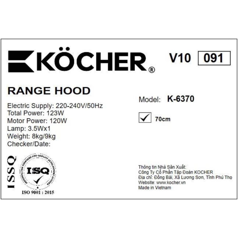 Máy hút mùi âm tủ Kocher K-6370 Màu Đen