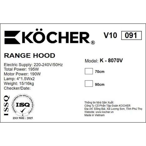 Máy hút mùi kính cong Kocher K-8070V Màu Đen