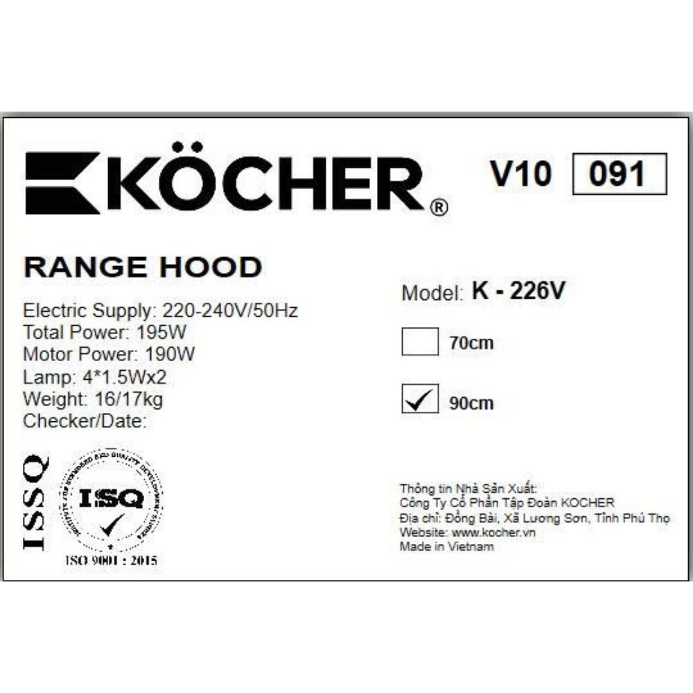 Máy hút mùi kính cong Kocher K-226V Màu Đen
