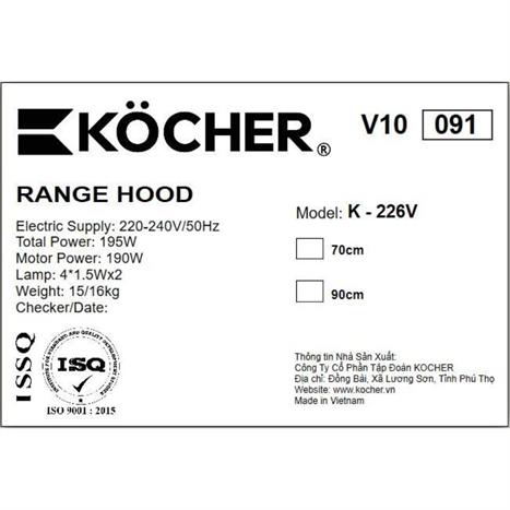 Máy hút mùi kính cong Kocher K-226V - 70 cm Màu Đen