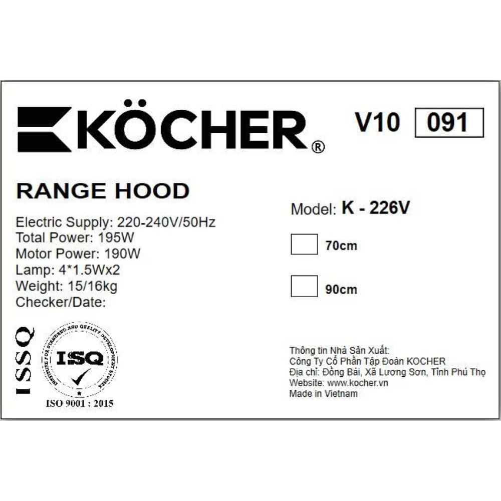 Máy hút mùi kính cong Kocher K-226V - 70 cm Màu Đen