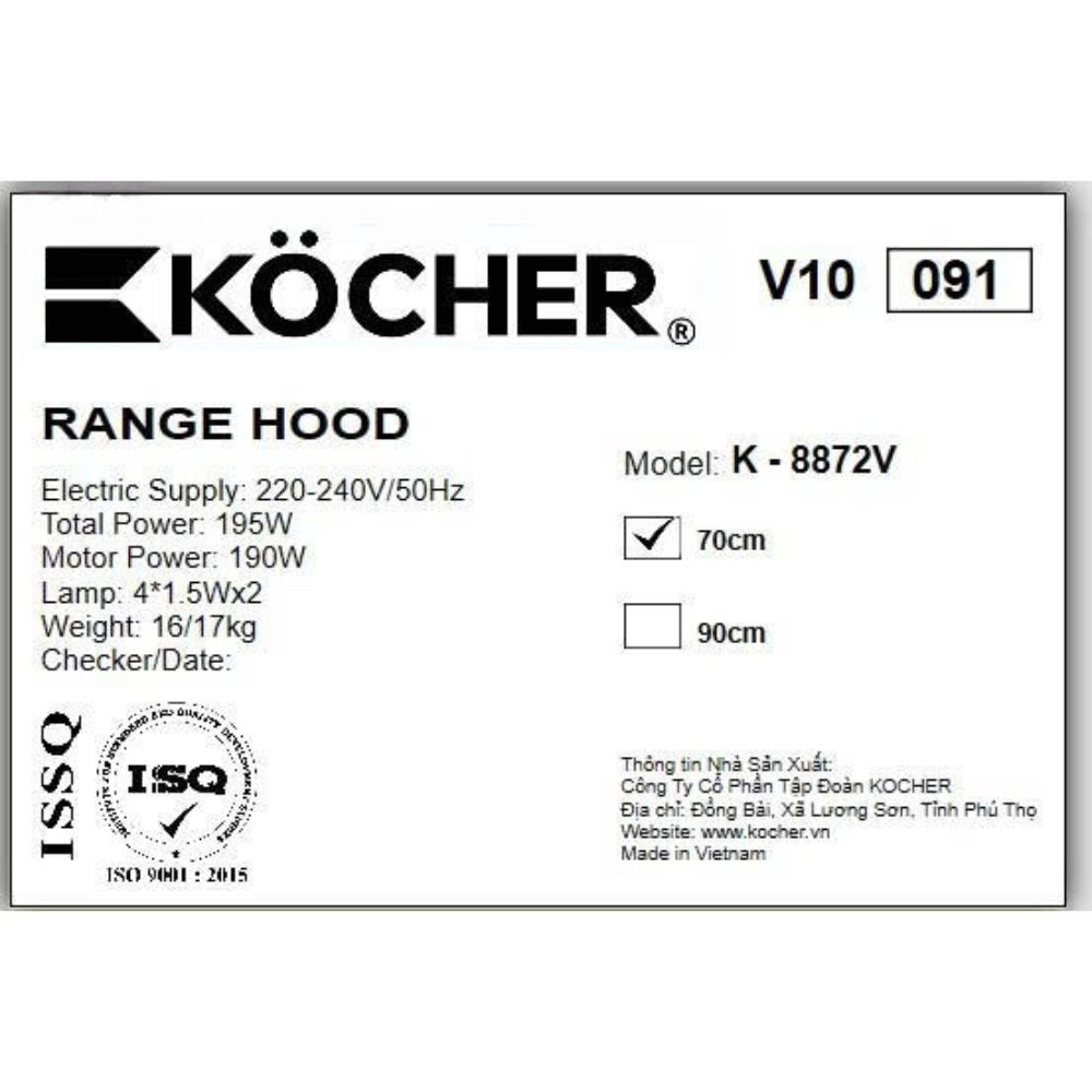 Máy hút mùi kính cong Kocher K-8872V Màu Đen