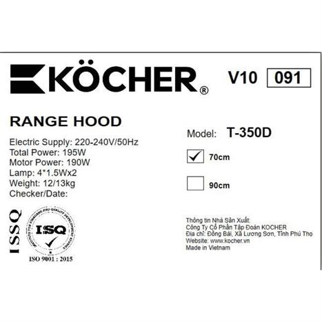 Máy hút mùi áp tường Kocher TURBO T-350D Màu Đen