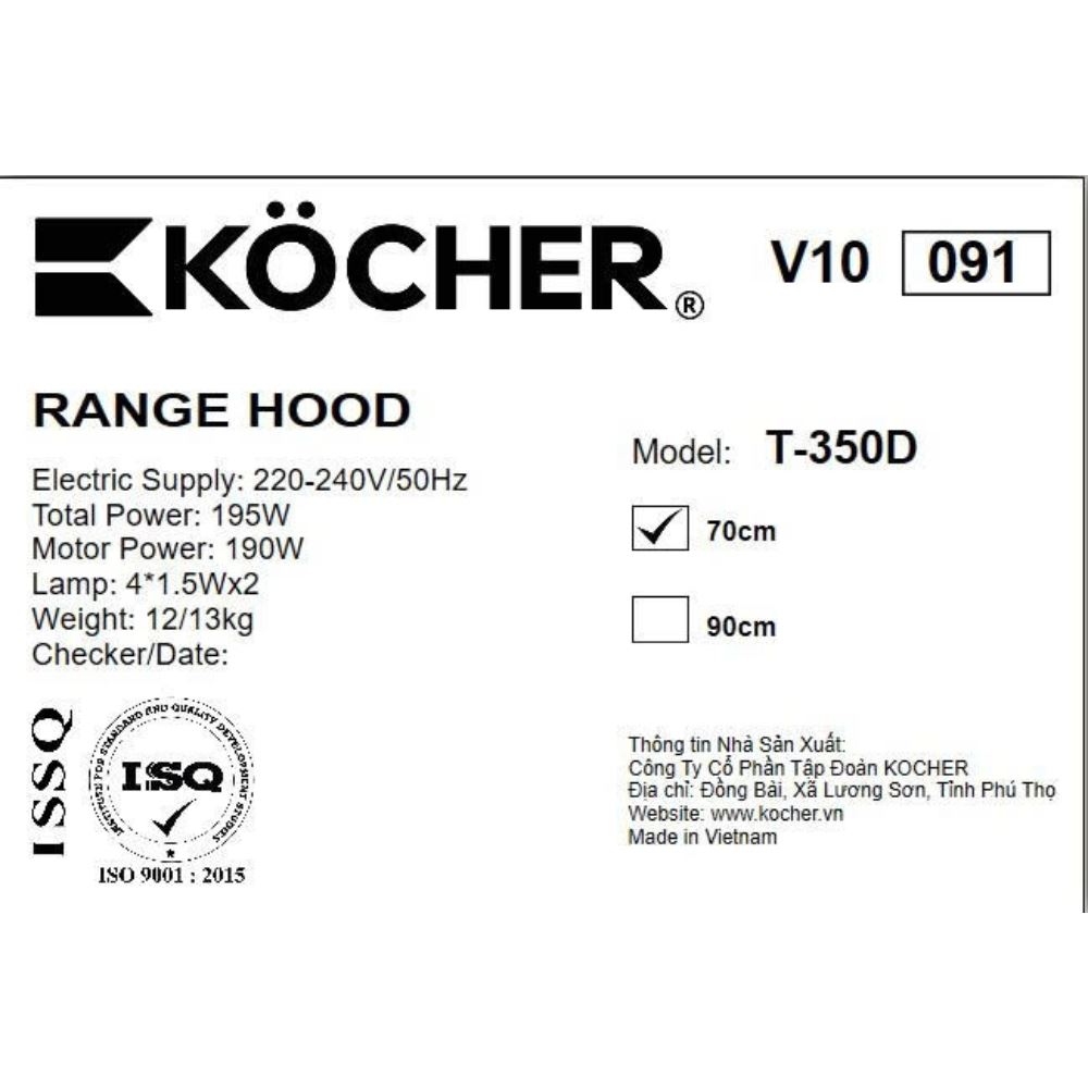 Máy hút mùi áp tường Kocher TURBO T-350D Màu Đen