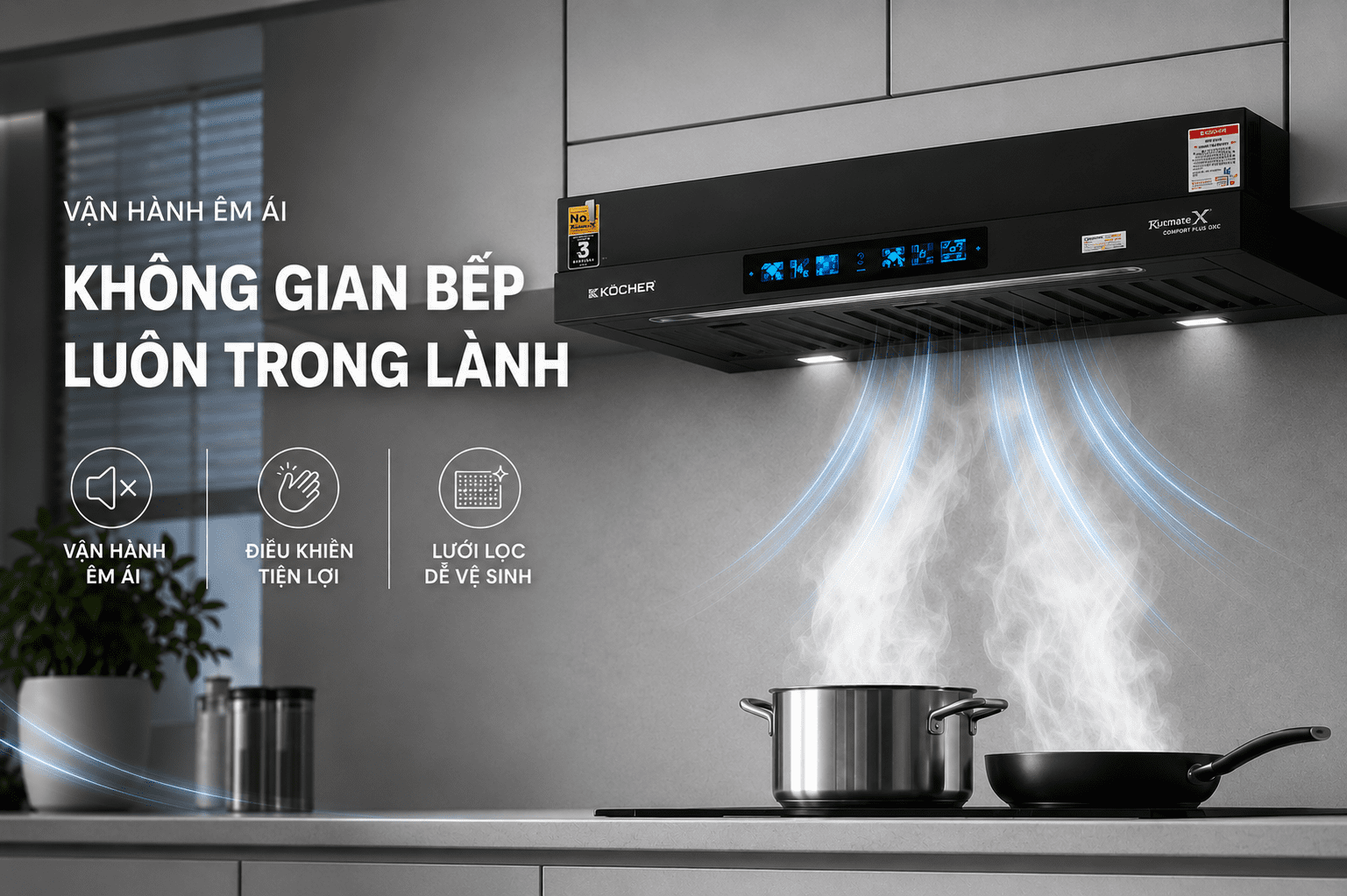 Máy hút mùi âm tủ Kocher 3D X3D-350D AUTO CLEAN Màu Đen