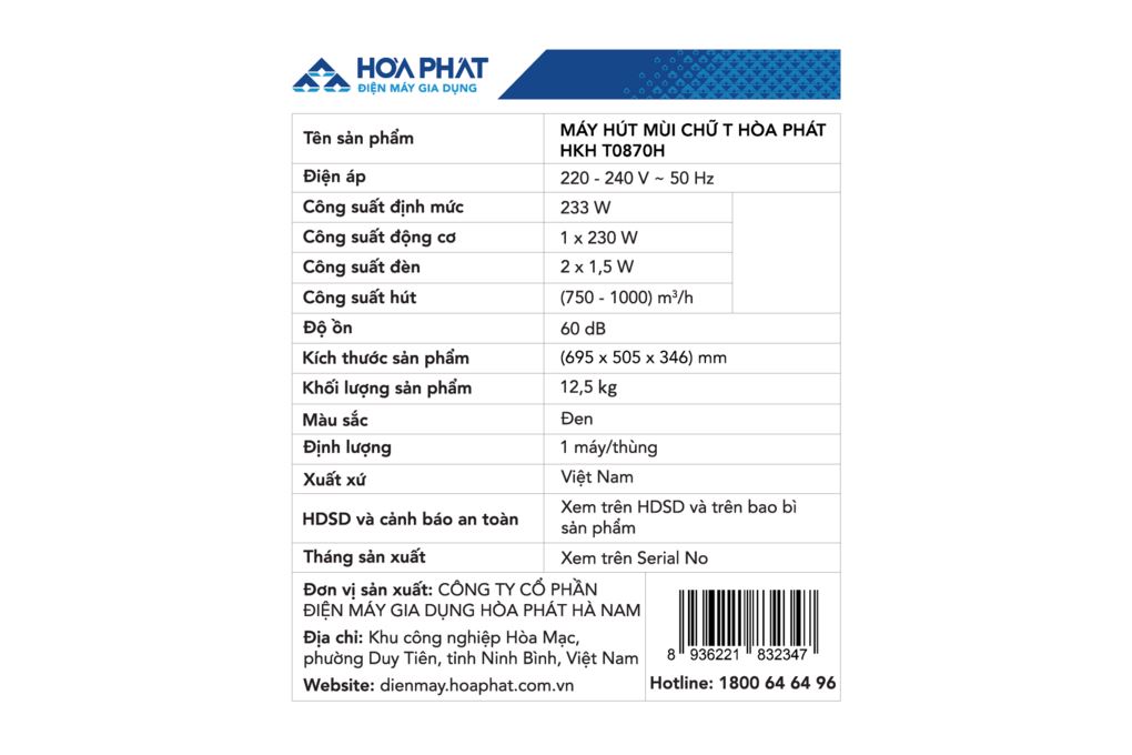 Máy hút mùi áp tường Hòa Phát HKH T0870H Màu Đen