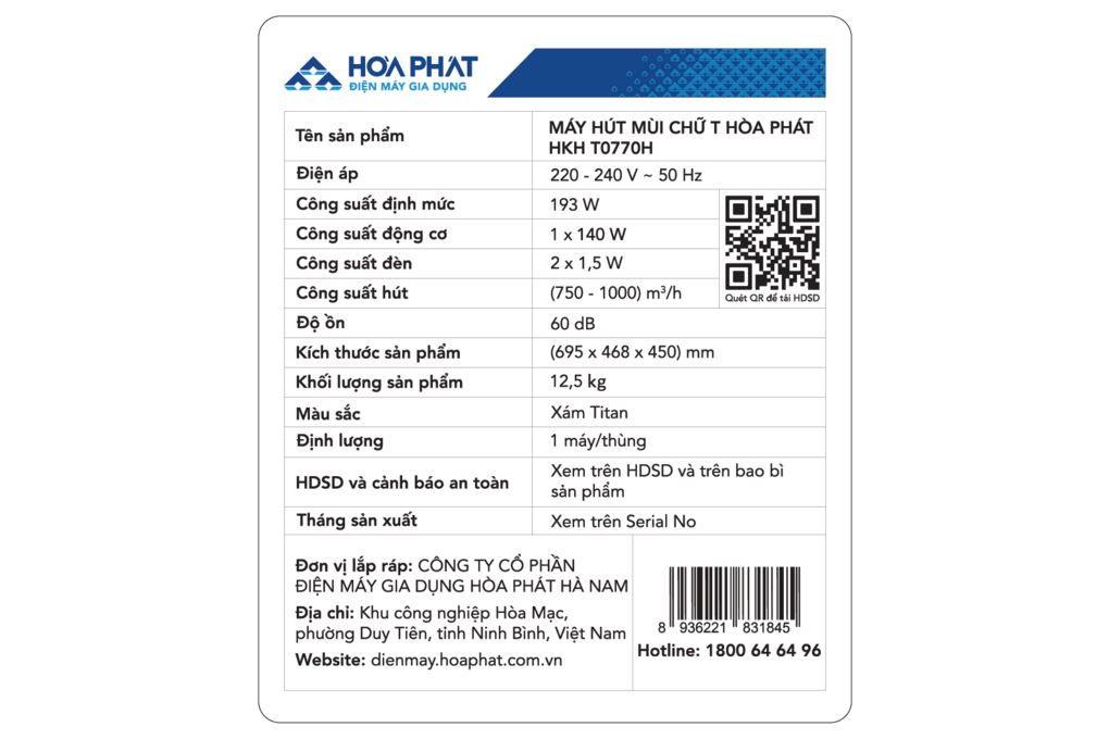 Máy hút mùi áp tường Hòa Phát HKH T0770H Màu Xám